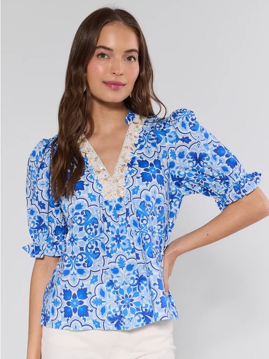 Avara Tops - Avara Delise Blue Embellished V-Neck Puff Sleeve Blouse Top Greecian NWT XS